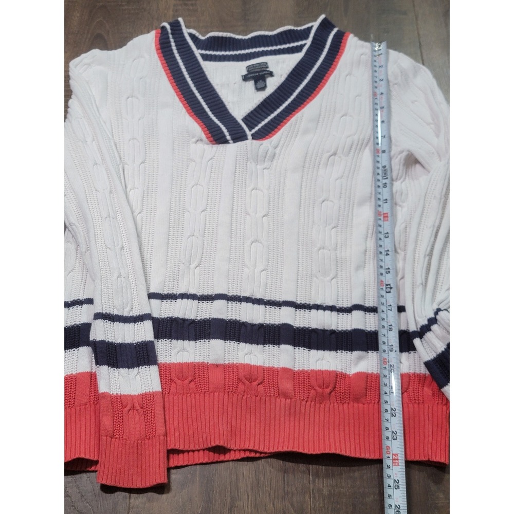 Tommy Hilfiger Mens L Pima Cotton Cable Knit V-Neck Striped Sweater White Coral